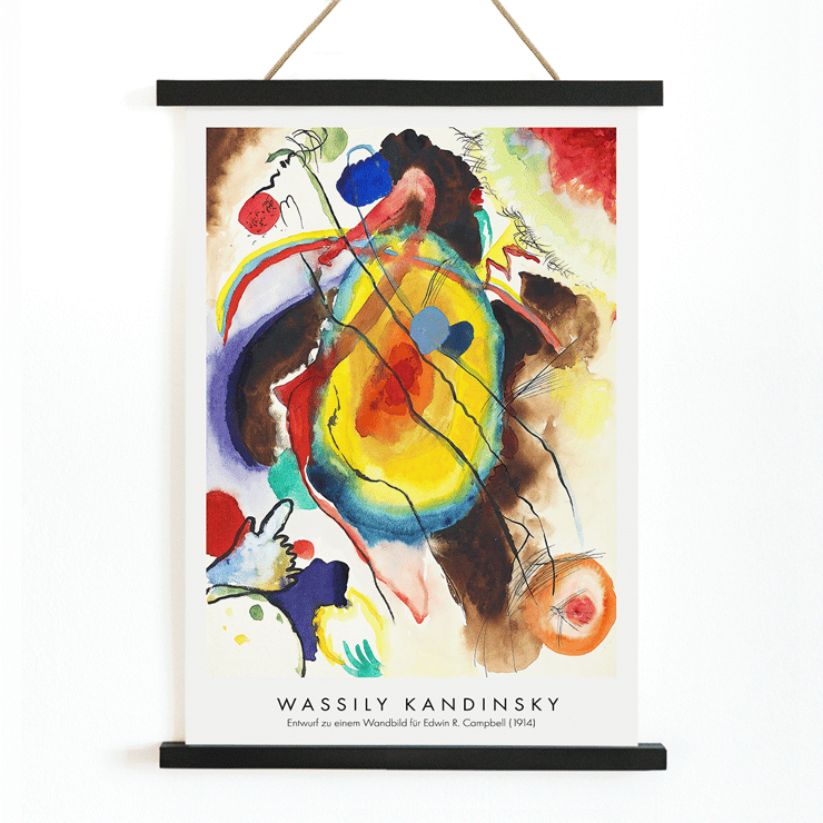 Abstraktes Wandgemälde des Künstlers Wassily Kandinsky für Edwin R. Campbell Poster eines abstrakten Kunstwerks. Entwurf für ein Wandgemälde für Edwin R. Campbell von Wassily Kandinsky mit lebendigen Farben und dynamischen Formen