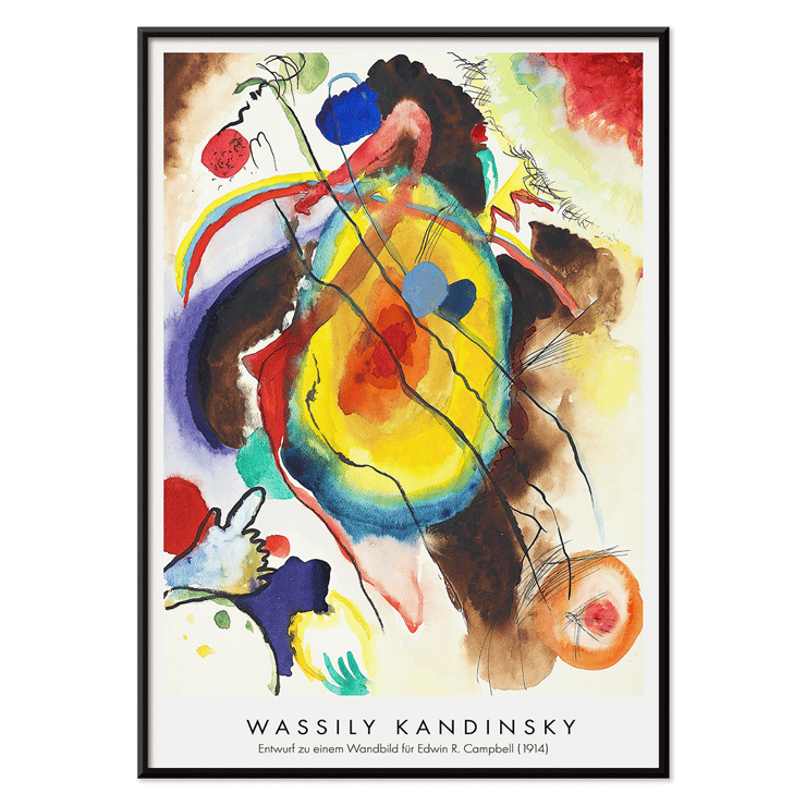 Abstraktes Wandgemälde des Künstlers Wassily Kandinsky für Edwin R. Campbell Poster eines abstrakten Kunstwerks. Entwurf für ein Wandgemälde für Edwin R. Campbell von Wassily Kandinsky mit lebendigen Farben und dynamischen Formen