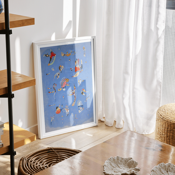 Abstract blue artwork by Wassily Kandinsky titled Bleu de Ciel with colorful geometric shapes Poster of Bleu de Ciel by Wassily Kandinsky showing abstract shapes in vibrant colors against a blue background.