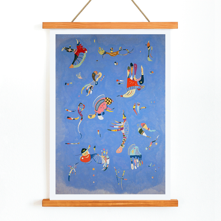 Abstract blue artwork by Wassily Kandinsky titled Bleu de Ciel with colorful geometric shapes Poster of Bleu de Ciel by Wassily Kandinsky showing abstract shapes in vibrant colors against a blue background.