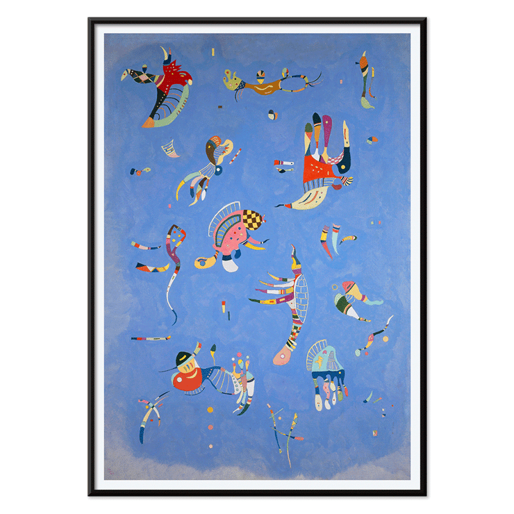 Abstract blue artwork by Wassily Kandinsky titled Bleu de Ciel with colorful geometric shapes Poster of Bleu de Ciel by Wassily Kandinsky showing abstract shapes in vibrant colors against a blue background.