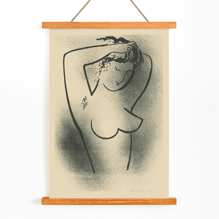 Dessin au trait d'une femme nue par Mikuláš Galanda intitulé Toaleta Poster de Toaleta de Mikuláš Galanda représentant un contour noir minimaliste d'une femme nue ajustant ses cheveux.