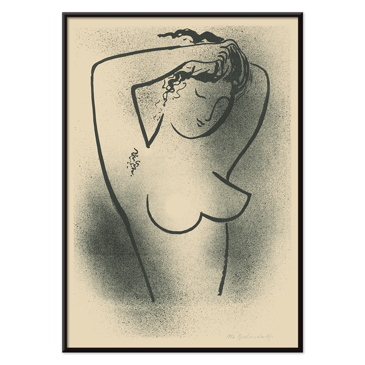 Dessin au trait d'une femme nue par Mikuláš Galanda intitulé Toaleta Poster de Toaleta de Mikuláš Galanda représentant un contour noir minimaliste d'une femme nue ajustant ses cheveux.