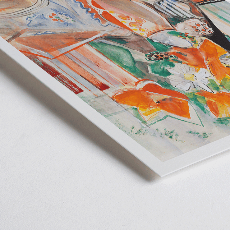Blumenstillleben mit leuchtenden Blüten in gestreifter Kanne und Schale Oskar Moll Poster von Blumenstillleben mit Schale und gestreiftem Krug von Oskar Moll mit leuchtenden Blumen in einer Vase auf einer bunten Tischdecke