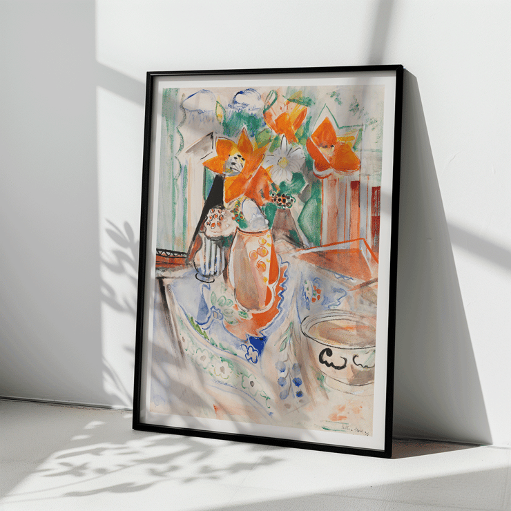 Blumenstillleben mit leuchtenden Blüten in gestreifter Kanne und Schale Oskar Moll Poster von Blumenstillleben mit Schale und gestreiftem Krug von Oskar Moll mit leuchtenden Blumen in einer Vase auf einer bunten Tischdecke