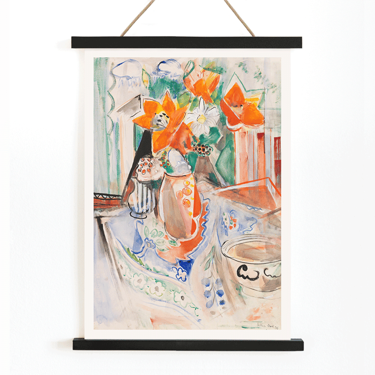 Blumenstillleben mit leuchtenden Blüten in gestreifter Kanne und Schale Oskar Moll Poster von Blumenstillleben mit Schale und gestreiftem Krug von Oskar Moll mit leuchtenden Blumen in einer Vase auf einer bunten Tischdecke