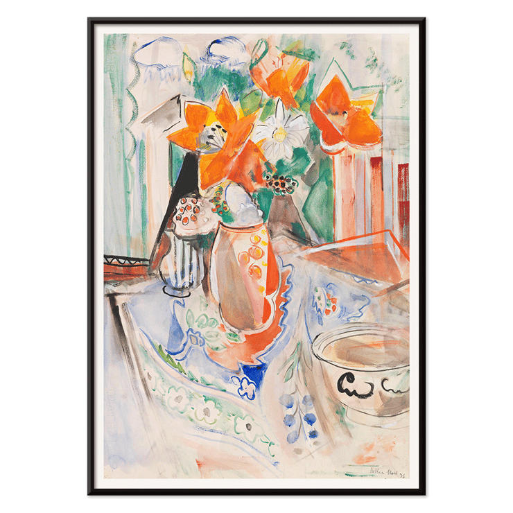 Blumenstillleben mit leuchtenden Blüten in gestreifter Kanne und Schale Oskar Moll Poster von Blumenstillleben mit Schale und gestreiftem Krug von Oskar Moll mit leuchtenden Blumen in einer Vase auf einer bunten Tischdecke