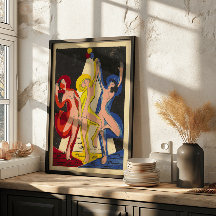 Dance of Colours by Ernst Ludwig Kirchner showcasing abstract figures in vibrant hues Poster of three abstract dancing figures in vibrant colors titled Dance of Colours by Ernst Ludwig Kirchner
