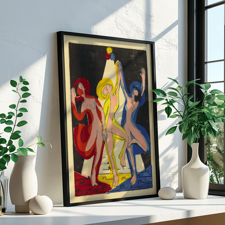 Dance of Colours by Ernst Ludwig Kirchner showcasing abstract figures in vibrant hues Poster of three abstract dancing figures in vibrant colors titled Dance of Colours by Ernst Ludwig Kirchner
