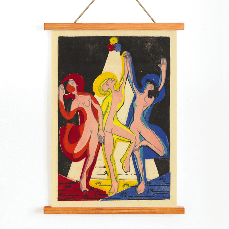 Dance of Colours by Ernst Ludwig Kirchner showcasing abstract figures in vibrant hues Poster of three abstract dancing figures in vibrant colors titled Dance of Colours by Ernst Ludwig Kirchner