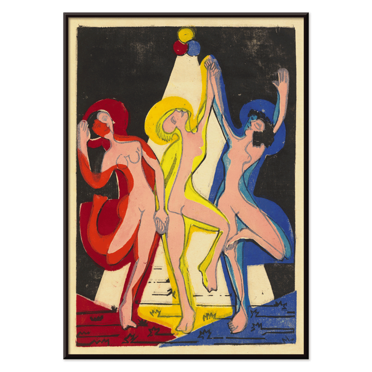 Dance of Colours by Ernst Ludwig Kirchner showcasing abstract figures in vibrant hues Poster of three abstract dancing figures in vibrant colors titled Dance of Colours by Ernst Ludwig Kirchner