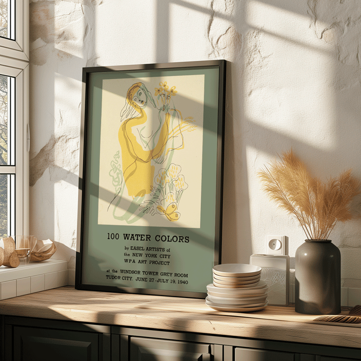 Easel Artists of the New York City WPA Art Project watercolors illustration Poster showcasing the work of the New York City WPA Art Project titled 100 Water Colors by Easel Artists depicting a woman with flowers.
