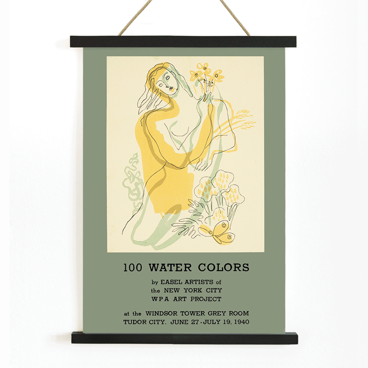Easel Artists of the New York City WPA Art Project watercolors illustration Poster showcasing the work of the New York City WPA Art Project titled 100 Water Colors by Easel Artists depicting a woman with flowers.