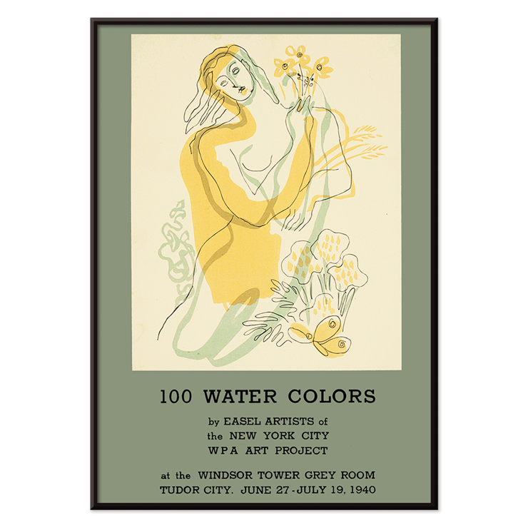 Easel Artists of the New York City WPA Art Project watercolors illustration Poster showcasing the work of the New York City WPA Art Project titled 100 Water Colors by Easel Artists depicting a woman with flowers.