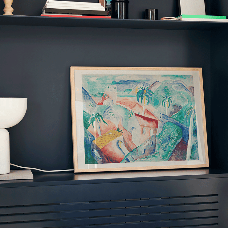 Colorful abstract depiction of a tropical scene in Cuban Landscape by Paul Gaulois Poster featuring vibrant Cuban landscape painting by Paul Gaulois with palm trees and colorful houses in a scenic setting