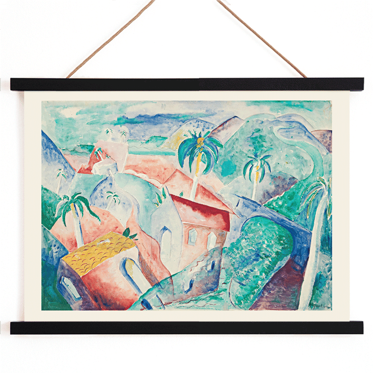 Colorful abstract depiction of a tropical scene in Cuban Landscape by Paul Gaulois Poster featuring vibrant Cuban landscape painting by Paul Gaulois with palm trees and colorful houses in a scenic setting