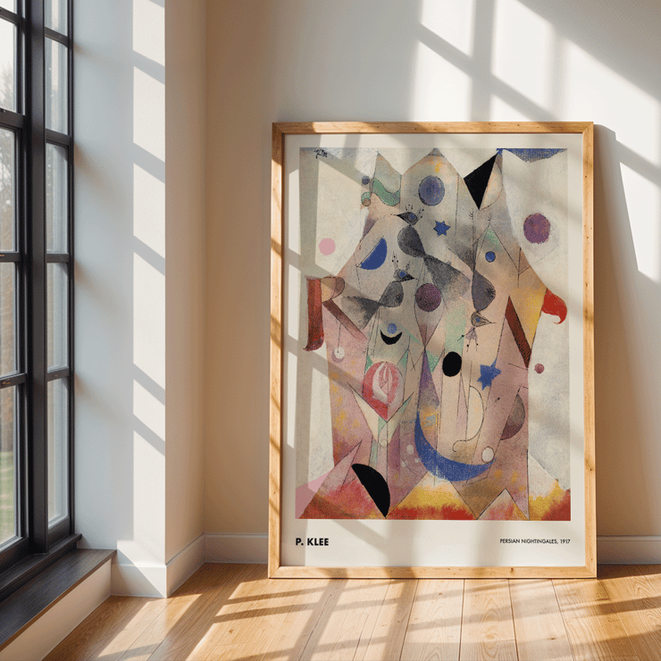 Abstract geometric shapes with birds by Paul Klee Persian Nightingales Poster of abstract artwork Persian Nightingales by Paul Klee with geometric shapes and colorful patterns.