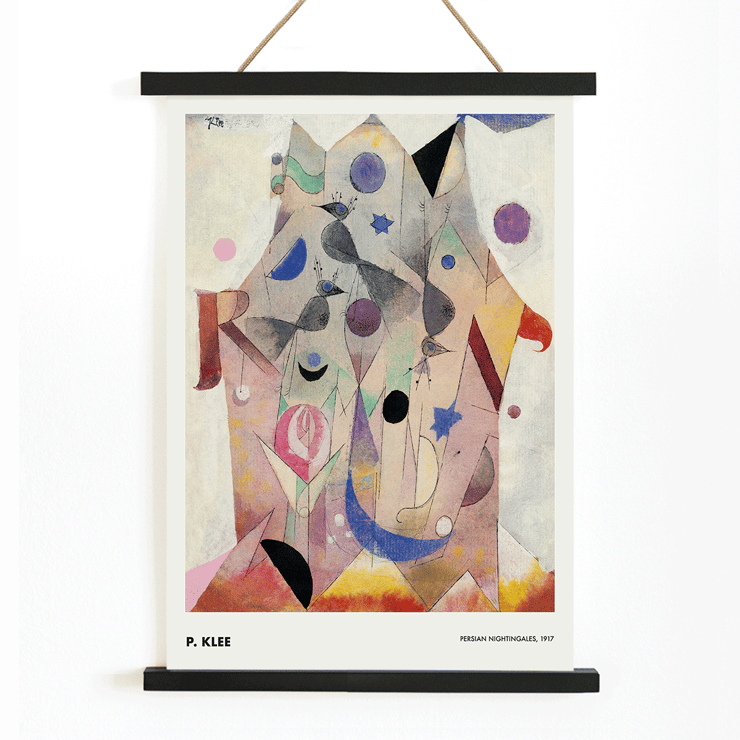 Abstract geometric shapes with birds by Paul Klee Persian Nightingales Poster of abstract artwork Persian Nightingales by Paul Klee with geometric shapes and colorful patterns.