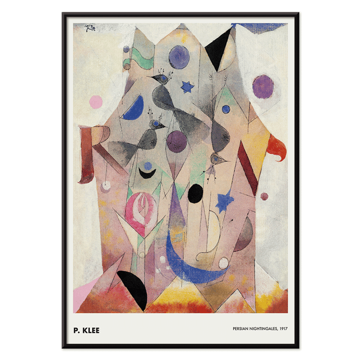 Abstract geometric shapes with birds by Paul Klee Persian Nightingales Poster of abstract artwork Persian Nightingales by Paul Klee with geometric shapes and colorful patterns.
