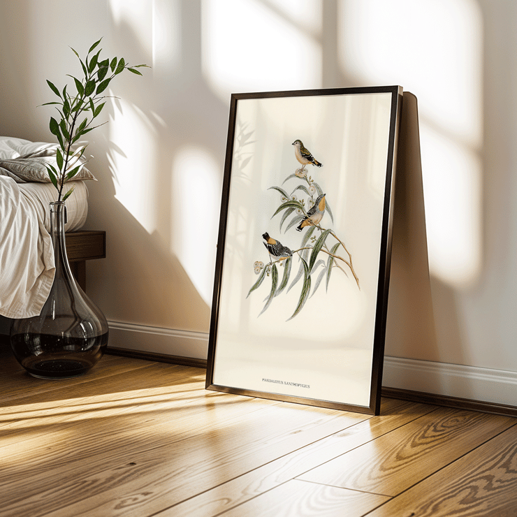 Illustration of Yellow-rumped Pardalote Pardalotus Xanthopygius on eucalyptus branches artwork. Poster of Yellow-rumped Pardalote Pardalotus Xanthopygius featuring three colorful birds perched on leafy branches.