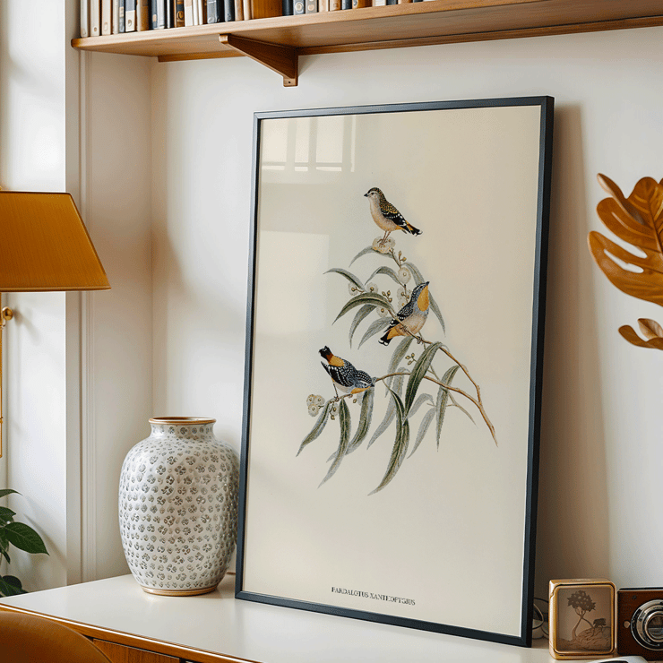 Illustration of Yellow-rumped Pardalote Pardalotus Xanthopygius on eucalyptus branches artwork. Poster of Yellow-rumped Pardalote Pardalotus Xanthopygius featuring three colorful birds perched on leafy branches.