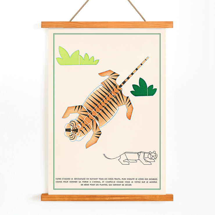Illustration of a tiger in La Jungle chez moi Pl.08 by Turenne Chevallereau. Poster of a geometric illustration of a tiger with plants La Jungle chez moi Pl by Turenne Chevallereau.