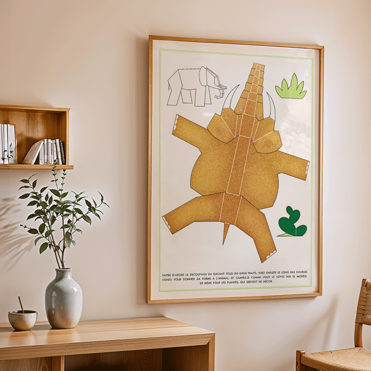 Collage illustration of animals and plants by Turenne Chevallereau La Jungle chez moi Pl.02 Poster featuring geometric cutout shapes of animals and plants titled La Jungle chez moi Pl.02 by Turenne Chevallereau.