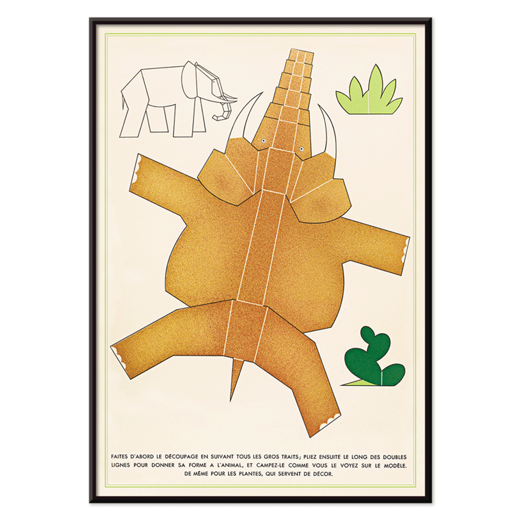 Collage illustration of animals and plants by Turenne Chevallereau La Jungle chez moi Pl.02 Poster featuring geometric cutout shapes of animals and plants titled La Jungle chez moi Pl.02 by Turenne Chevallereau.