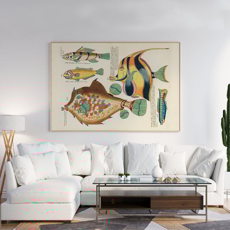 Colourful and surreal illustrations of fishes by Louis Renard from Histoire naturelle des plus rares curiositez de la mer des Indes. Poster featuring colourful surreal illustrations of fishes by Louis Renard from Histoire naturelle des plus rares curiositez de la mer des Indes.