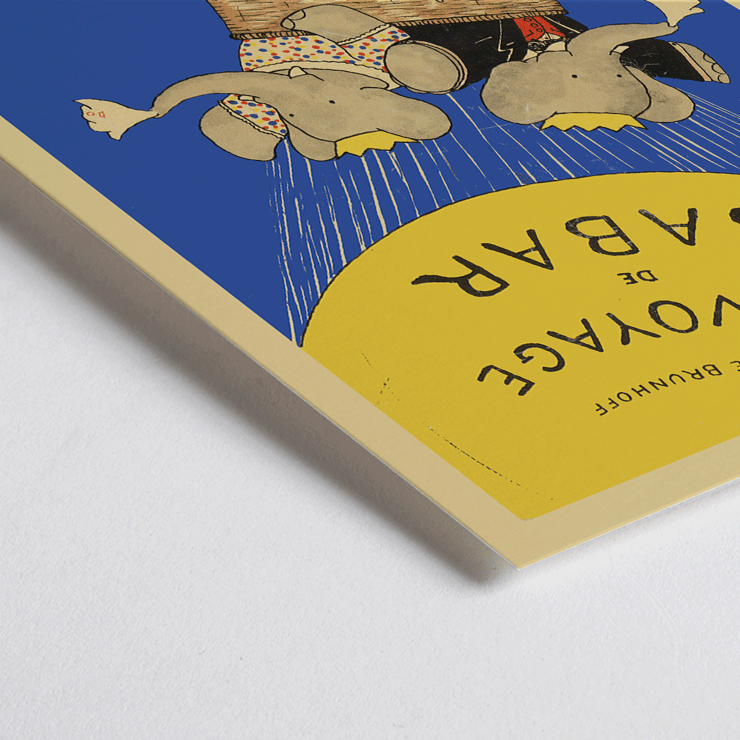 Poster of Le Voyage de Babar by Jean de Brunhoff featuring elephants in a basket under a yellow balloon on a blue background.