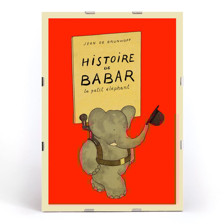 Illustration of a cheerful elephant carrying a hat from Histoire de Babar by Jean de Brunhoff. Poster of an elephant holding a hat by Jean de Brunhoff titled Histoire de Babar on a red background.
