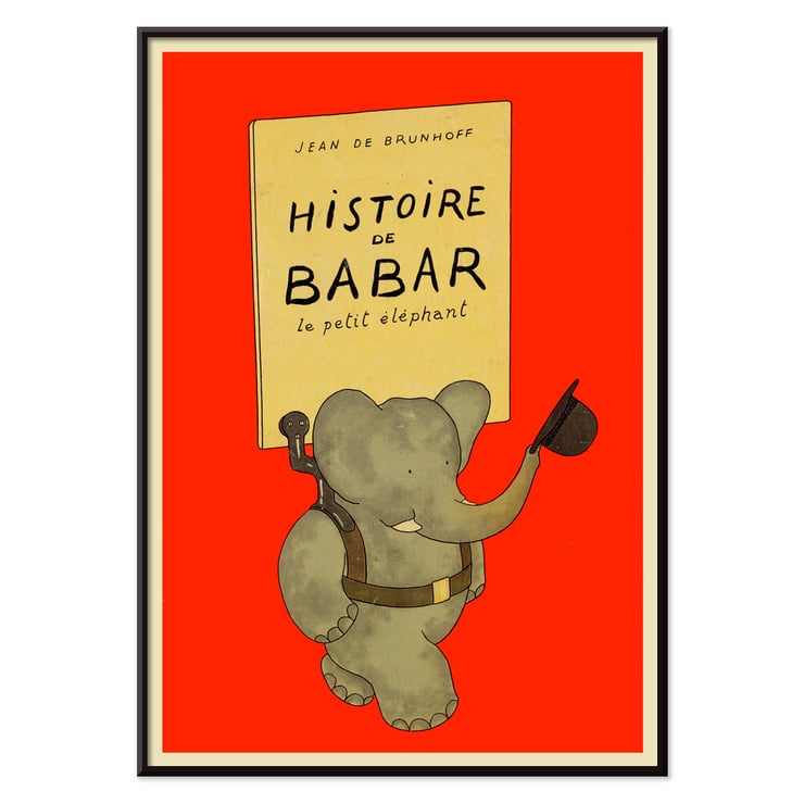 Illustration of a cheerful elephant carrying a hat from Histoire de Babar by Jean de Brunhoff. Poster of an elephant holding a hat by Jean de Brunhoff titled Histoire de Babar on a red background.