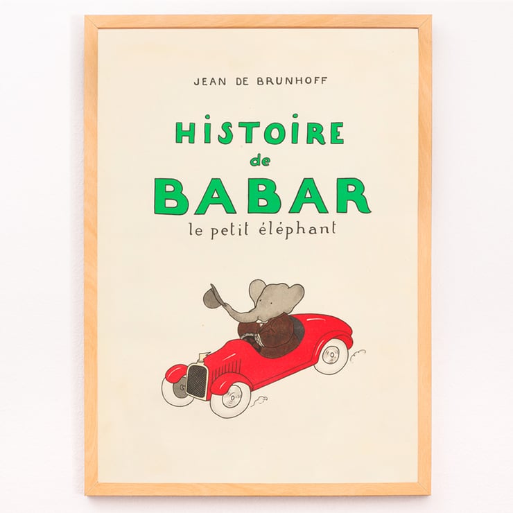 Cover illustration of Babar driving a red car from Babar en Voiture by Jean de Brunhoff. Poster of Babar en Voiture by Jean de Brunhoff featuring an elephant driving a red car with the text Histoire de Babar.