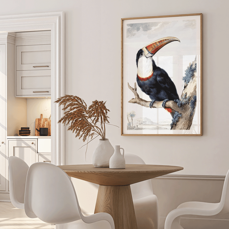 Red-billed Toucan by Aert Schouman perched on a branch in a landscape painting Poster of a Red-billed Toucan perched on a branch with a landscape background by Aert Schouman.