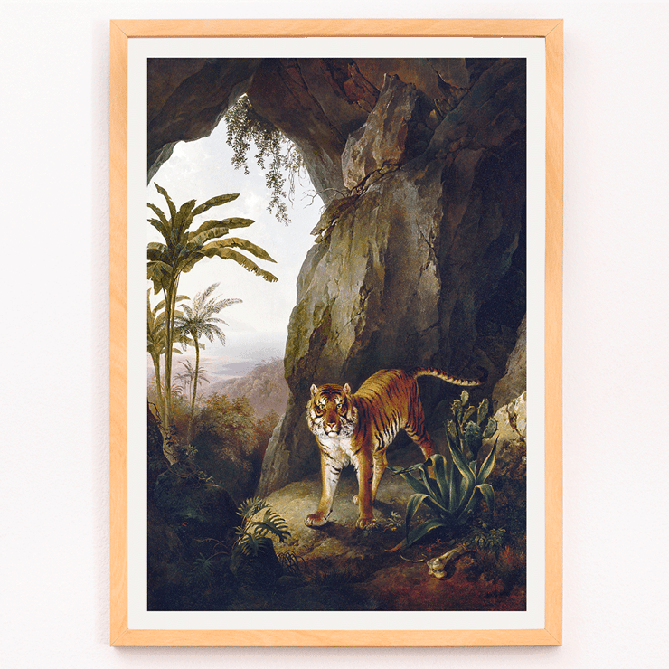 Tiger standing in cave entrance surrounded by lush vegetation by Jacques-Laurent Agasse Tiger in a Cave Poster of a painting titled Tiger in a Cave by Jacques–Laurent Agasse depicting a tiger standing in a cave with lush vegetation around.
