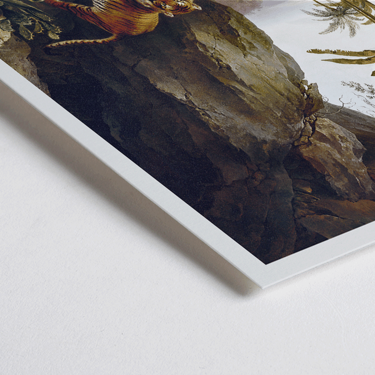 Tiger standing in cave entrance surrounded by lush vegetation by Jacques-Laurent Agasse Tiger in a Cave Poster of a painting titled Tiger in a Cave by Jacques–Laurent Agasse depicting a tiger standing in a cave with lush vegetation around.