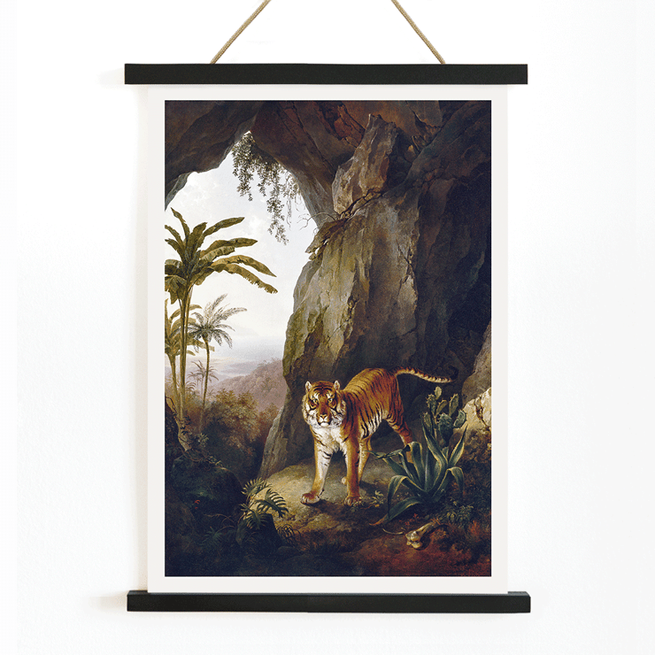 Tiger standing in cave entrance surrounded by lush vegetation by Jacques-Laurent Agasse Tiger in a Cave Poster of a painting titled Tiger in a Cave by Jacques–Laurent Agasse depicting a tiger standing in a cave with lush vegetation around.