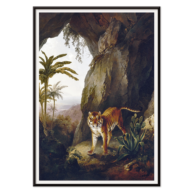 Tiger standing in cave entrance surrounded by lush vegetation by Jacques-Laurent Agasse Tiger in a Cave Poster of a painting titled Tiger in a Cave by Jacques–Laurent Agasse depicting a tiger standing in a cave with lush vegetation around.