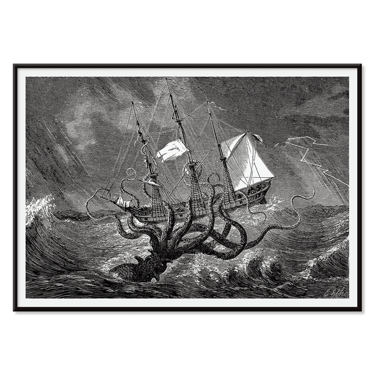 Il Kraken attacca una nave in mare in tempesta Il Kraken visto dall'occhio dell'immaginazione dell'artista Poster raffigurante un mostro marino che attacca una nave intitolata Il Kraken visto con l'occhio dell'immaginazione