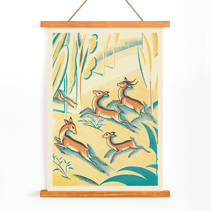Illustration of gazelles in a colorful jungle scene by Clifford Webb titled A Jungle Picnic Pl.01 Gazelle Poster of gazelles running through a colorful jungle titled A Jungle Picnic Pl.01 Gazelle by artist Clifford Webb.