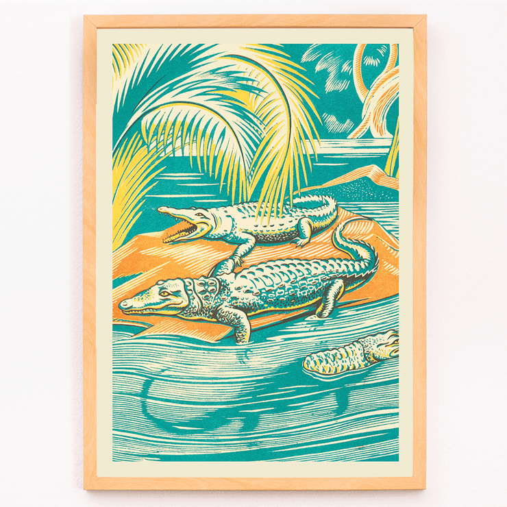 Clifford Webb artwork titled A Jungle Picnic Pl.03 Crocodile depicting crocodiles in a vibrant jungle setting Poster depicting crocodiles resting by a river under palm trees, artwork title A Jungle Picnic Pl.03 Crocodile by Clifford Webb
