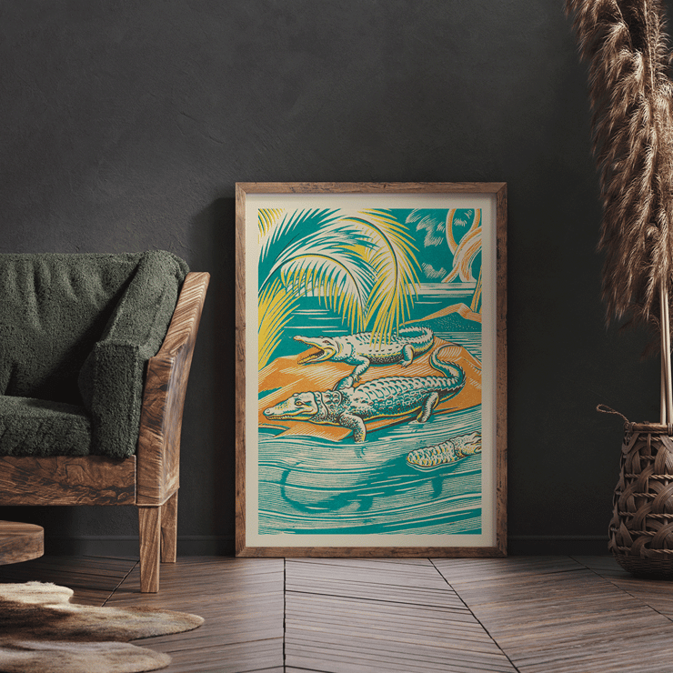 Clifford Webb artwork titled A Jungle Picnic Pl.03 Crocodile depicting crocodiles in a vibrant jungle setting Poster depicting crocodiles resting by a river under palm trees, artwork title A Jungle Picnic Pl.03 Crocodile by Clifford Webb