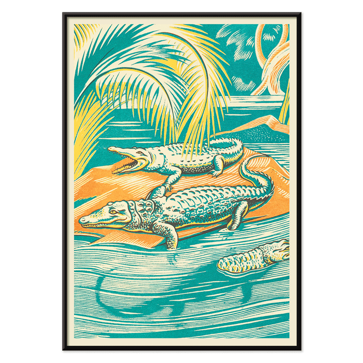 Clifford Webb artwork titled A Jungle Picnic Pl.03 Crocodile depicting crocodiles in a vibrant jungle setting Poster depicting crocodiles resting by a river under palm trees, artwork title A Jungle Picnic Pl.03 Crocodile by Clifford Webb