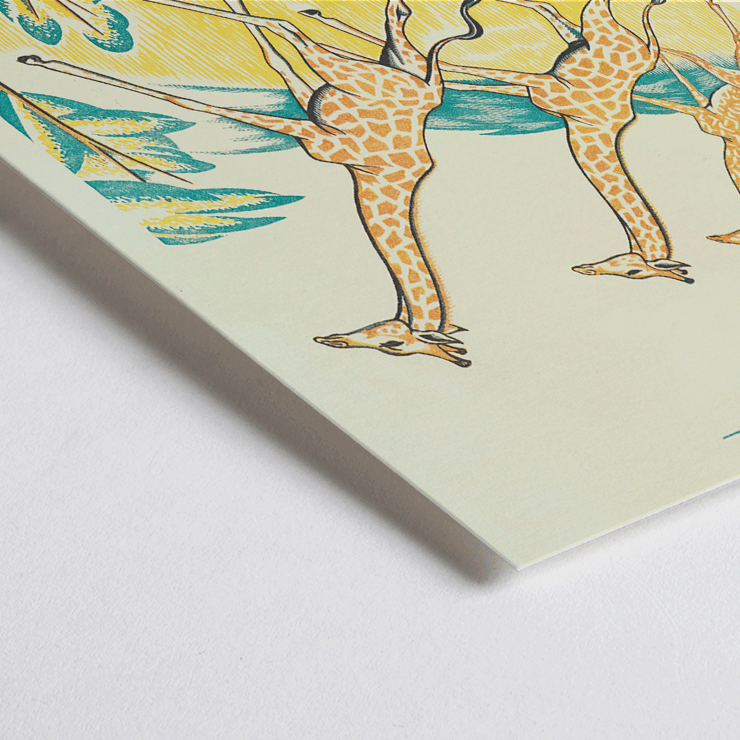 Giraffes in a vibrant landscape artwork by Clifford Webb titled A Jungle Picnic Pl.04 Girafe Poster showing three giraffes running through a colorful jungle titled A Jungle Picnic Pl.04 Girafe by Clifford Webb