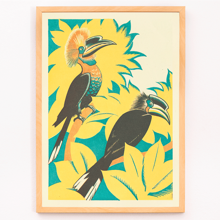 Colorful birds among yellow foliage by Clifford Webb in A Jungle Picnic Pl.07 Poster featuring an artwork A Jungle Picnic Pl 07 by Clifford Webb showing two birds with colorful plumage among stylized foliage.