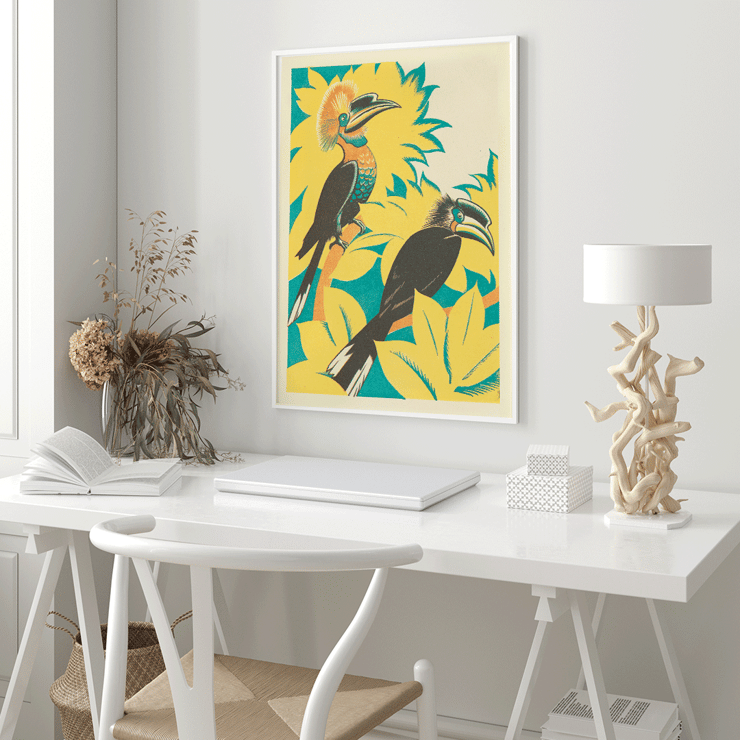 Colorful birds among yellow foliage by Clifford Webb in A Jungle Picnic Pl.07 Poster featuring an artwork A Jungle Picnic Pl 07 by Clifford Webb showing two birds with colorful plumage among stylized foliage.