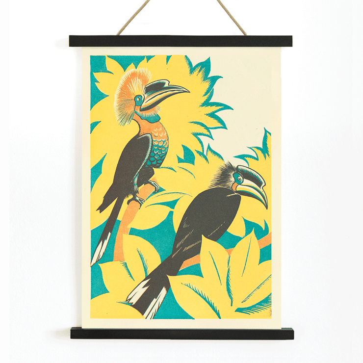 Colorful birds among yellow foliage by Clifford Webb in A Jungle Picnic Pl.07 Poster featuring an artwork A Jungle Picnic Pl 07 by Clifford Webb showing two birds with colorful plumage among stylized foliage.