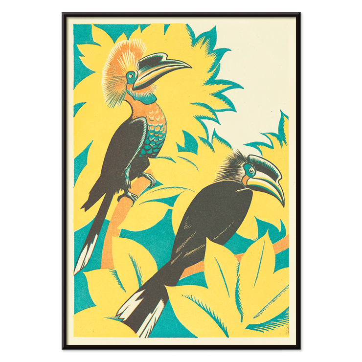 Colorful birds among yellow foliage by Clifford Webb in A Jungle Picnic Pl.07 Poster featuring an artwork A Jungle Picnic Pl 07 by Clifford Webb showing two birds with colorful plumage among stylized foliage.