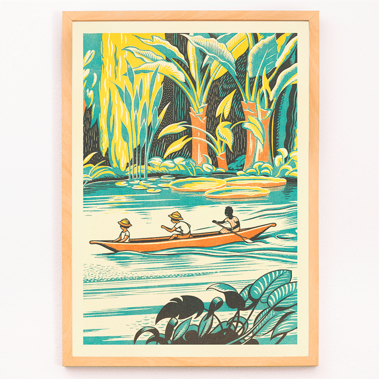 Three individuals in a canoe amidst dense jungle foliage A Jungle Picnic Pl by Clifford Webb Poster: Three people in a canoe rowing through a lush jungle river with vibrant greenery from A Jungle Picnic Pl.08 by Clifford Webb