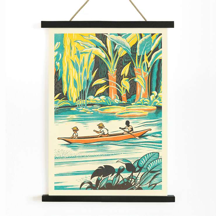 Three individuals in a canoe amidst dense jungle foliage A Jungle Picnic Pl by Clifford Webb Poster: Three people in a canoe rowing through a lush jungle river with vibrant greenery from A Jungle Picnic Pl.08 by Clifford Webb